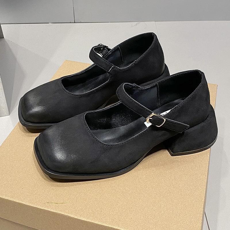 Mary Jane Shoes Women's Autumn and Winter 2024 New French One-word Buckle High Heels Square Head Light Mouth Thick Heel Versatile Single Shoes