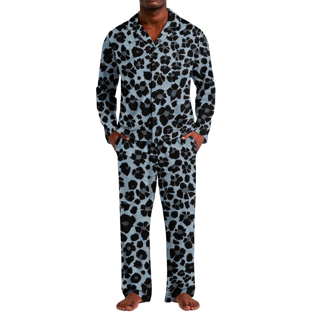 Pigiama Casual da Uomo a 2 Pezzi con Stampa Leopardo, Top con Bottoni e Vestibilità Larga, Pantaloni a Gamba Dritta