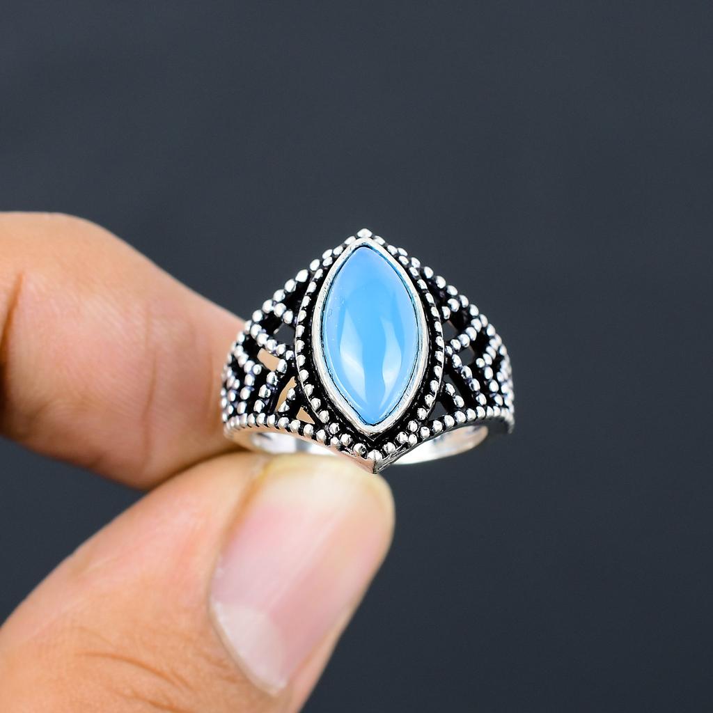 Blue Chalcedony Handmade 925 Sterling Silver Jewelry Ring Size 8 O1G61