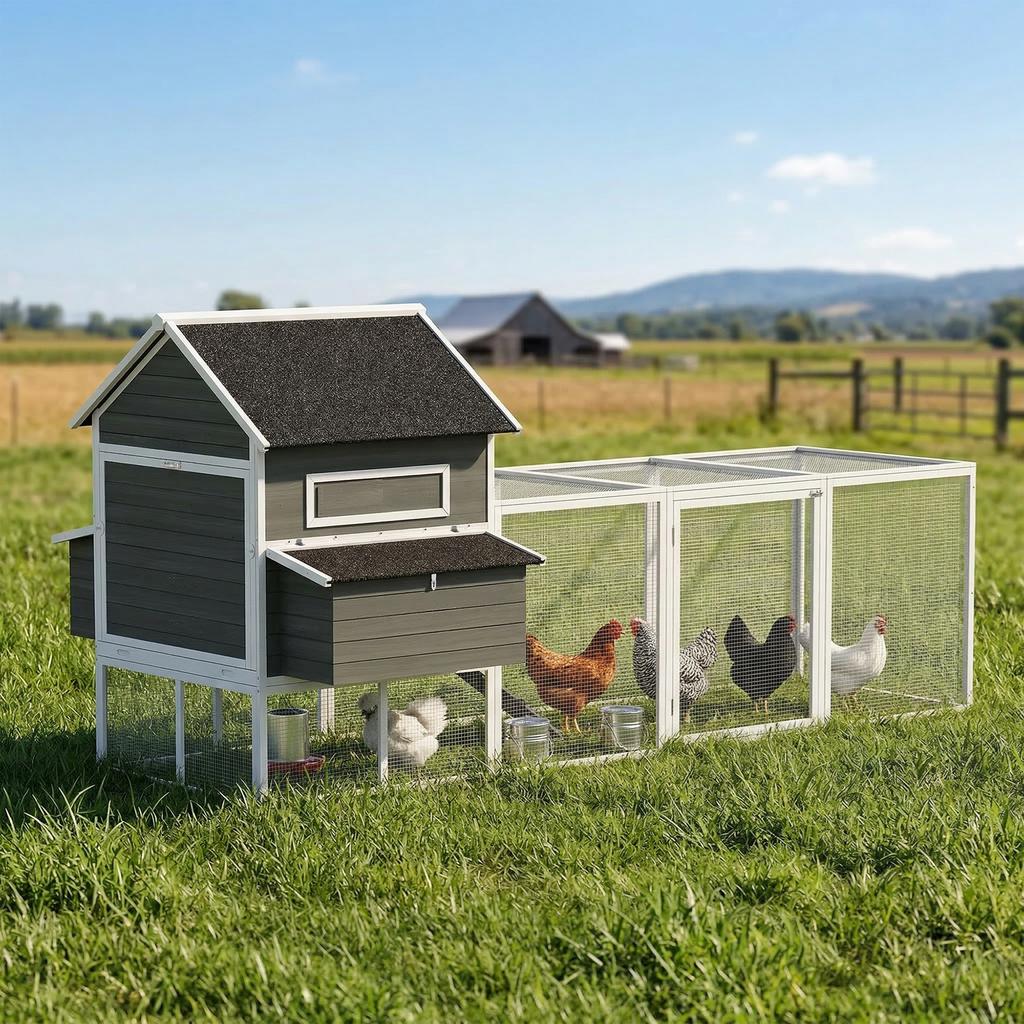 Pollaio in Legno con Recinto Nido Tegole in Asfalto Vassoio Estraibile per 4-6 Galline 347x160x150 cm Grigio Scuro