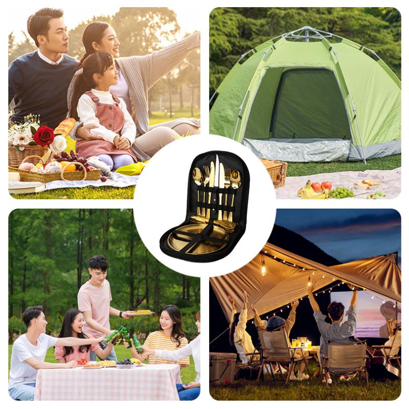 Outdoor Stainless Steel Tableware Set Portable Travel Knife and Fork Camping High-end Barbecue Plate Food Clip Spoon Set