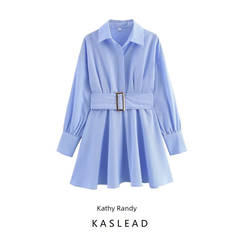 Kaslead New Arrival Women's Clothing Fashion Style Fashion Minimalist Stripes with Belt Long Sleeves Dress