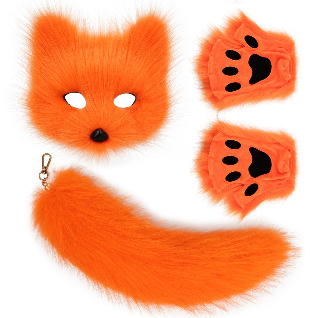 Nadýchaná kožešina Fox Tail Keychain Cat Tlaps Rukavice a Wolf Therian Mask Sada pro Halloween Cosplay kostýmní doplňky