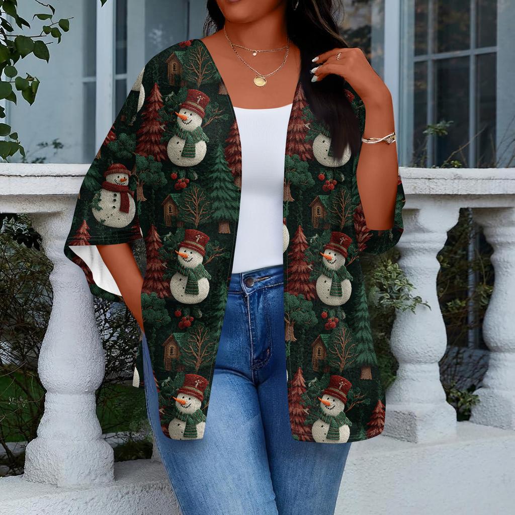 Women's Casual And Fashionable Christmas Printed Lightweight Mid Length Jacket Cardigan