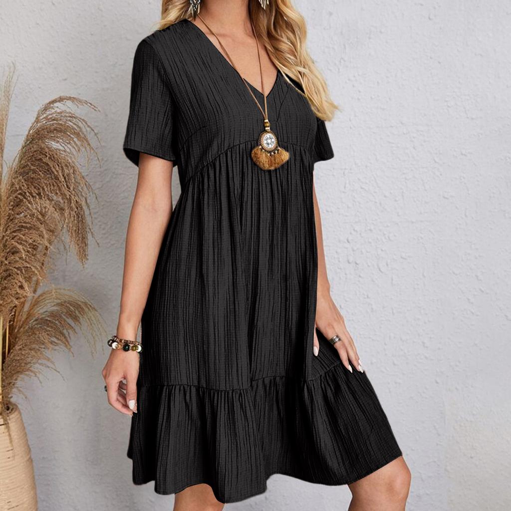 Women's  Color Casual Fashion V-neck Short Sleeved Dress