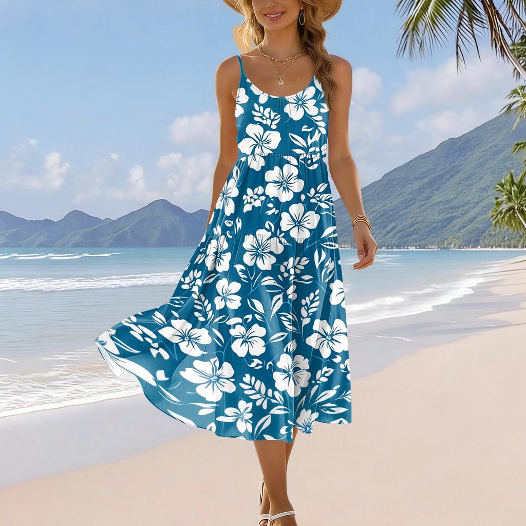 Women's Summer Fashion Printed Pocket Adjustable Shoulder Strap Bohemian Leisure Beach Resort Strap Dress