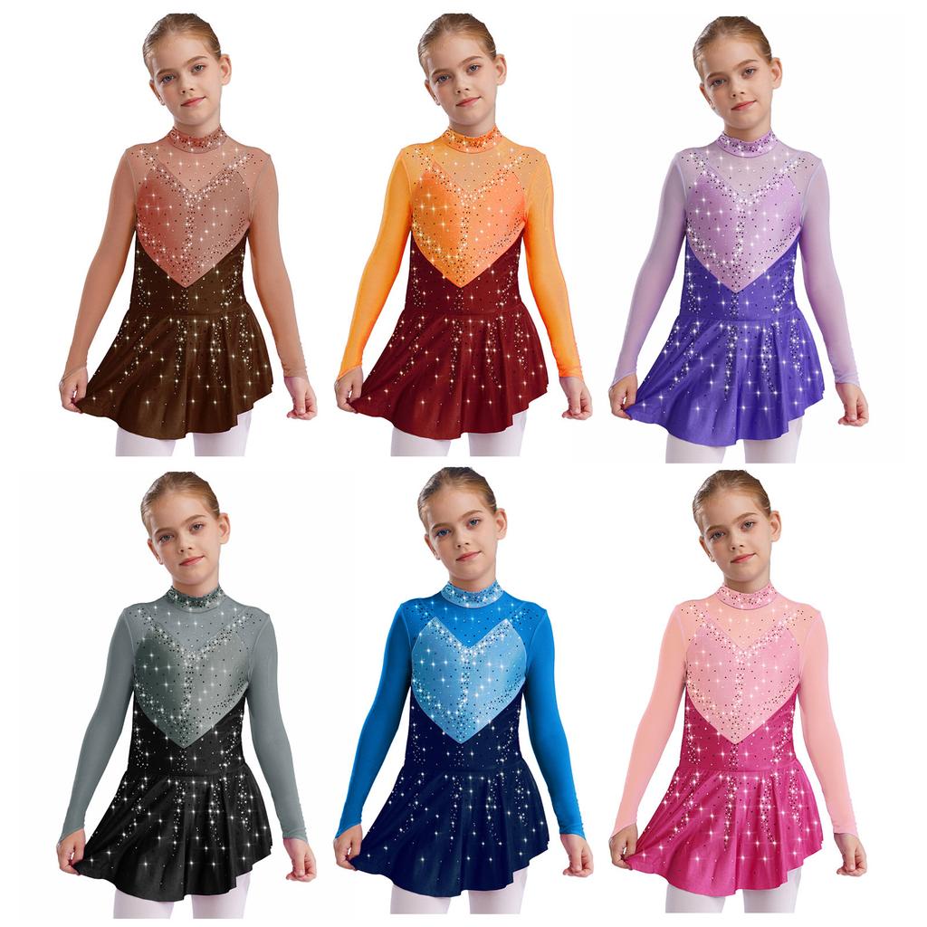 Jenter Skøytekjoler Dansedrakter Mock Neck Langermet Fargeblokk Gjennomsiktig Mesh Patchwork Skinnende Rhinestones Kjole