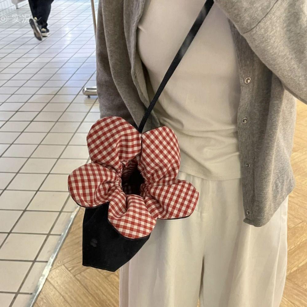 Cloth Flower Drawstring Bag Plaid Bundle Pocket Lightweight ins Shoulder Bag  Outdoor