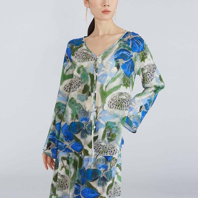 Women's Mulberry Silk Crepe De Chine Printed Beach Shirt, Vacation Top, Spring Outfit