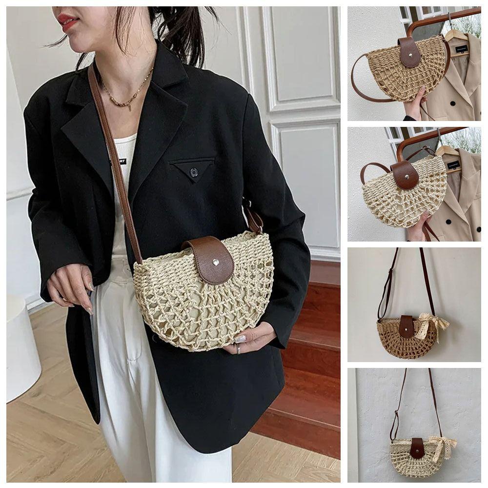 Bohemian Style Weave Straw Crossbody Bag Woven Beach Shoulder Bag Hollow Semicircle Bag  Holiday