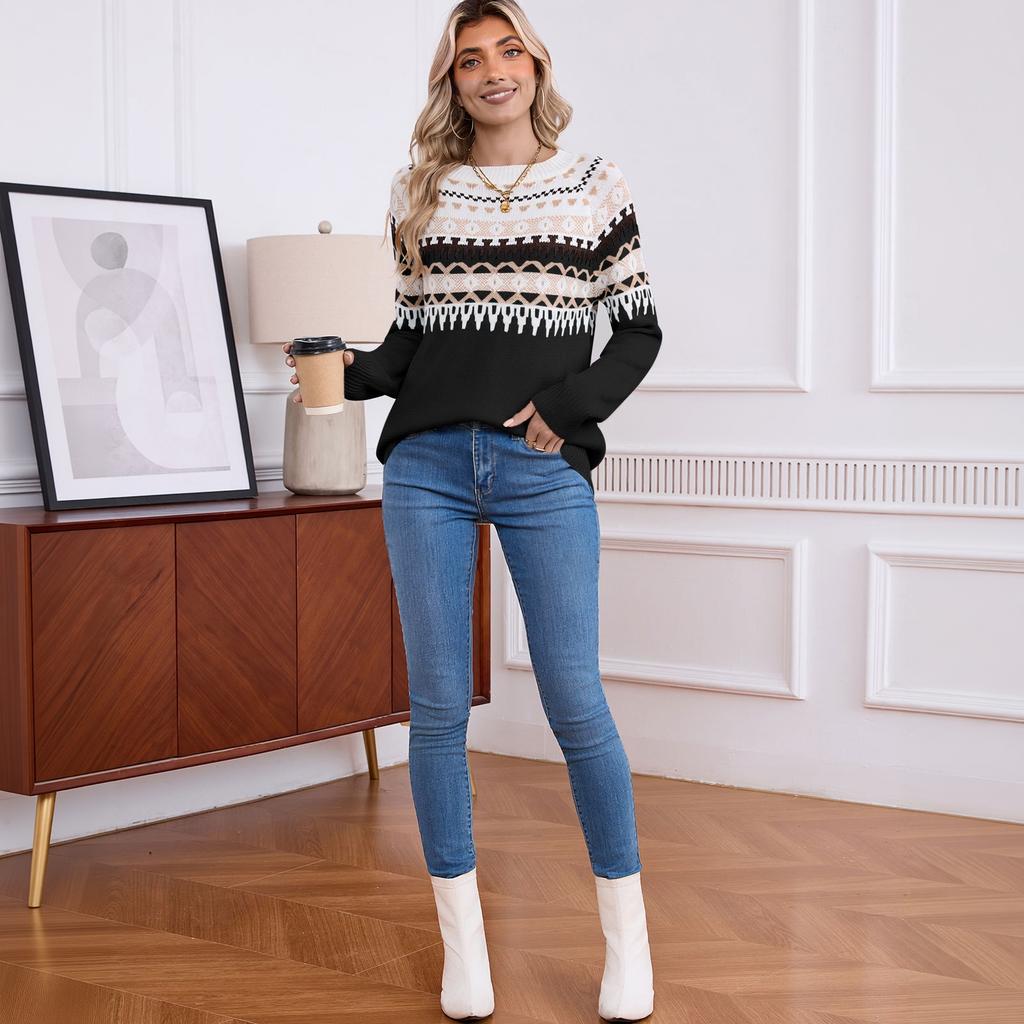 Women's Pullover Sweater with Geometric Pattern Knit for Winter