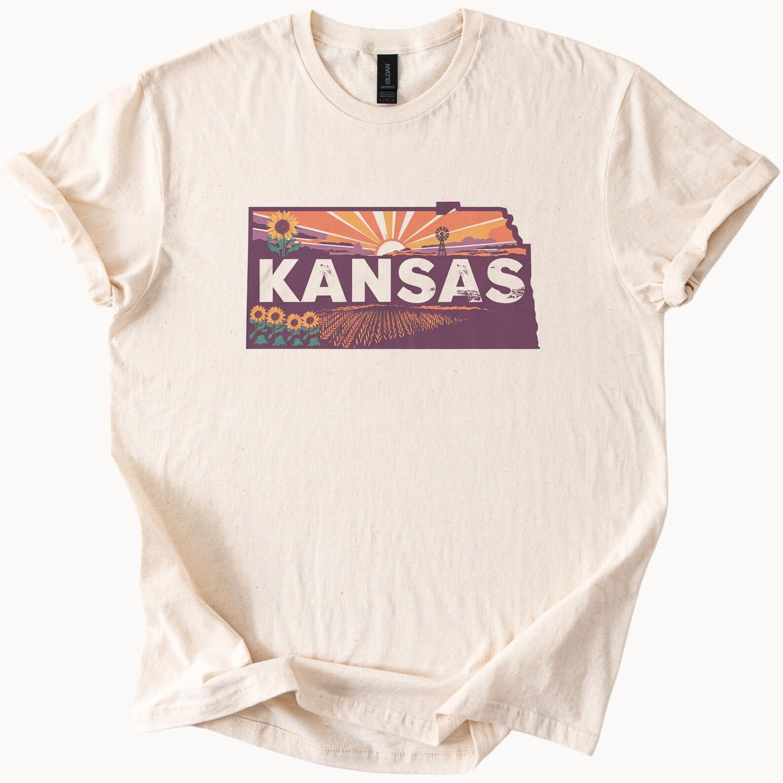 Kansas Sunflower State Graphic T Shirt Retro Sunset Farm Landscape Tee Kansas Nature Shirt Midwest Gift Kansas State Outline Shirt 150