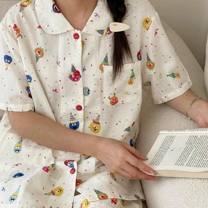 Sweet Full Print Sesame Street Pajamas Women's Summer Short-sleeved Shorts Cardigan Lapel Set Soft Cute Loungewear Two-piece Set