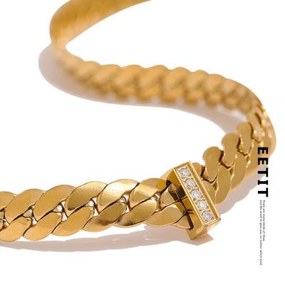 18k Gold Color Cuban Chain Stainless Steel Necklace Collar Zircon High Quality Metal Texture Women Fashion Charm Jewelry
