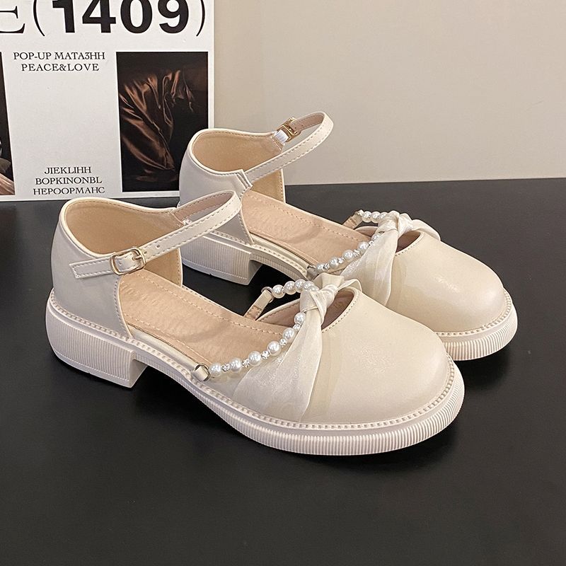 

Mary Jane Shoes Girl 2025 New Summer French Small Leather Shoes Flat Single Shoes Fairy Style with Skirt Baotou Sandals 40 абрикосовый