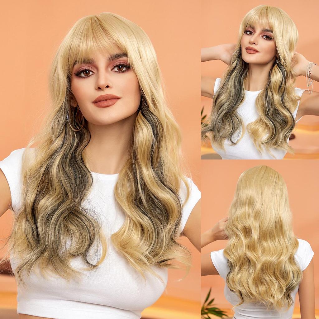 BLONDE UNICORN Long Synthetic Ombre Brown Blonde Wig Wavy Wigs with Bangs Cosplay Wigs for Women Party Use Heat Resistant Fiber