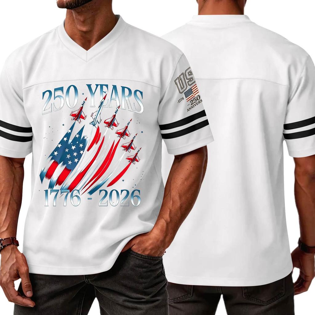Men V Neck Short Sleeve Jersey Style T Shirt with 250 Years 1776 2026 Print and Graphic Sports Top