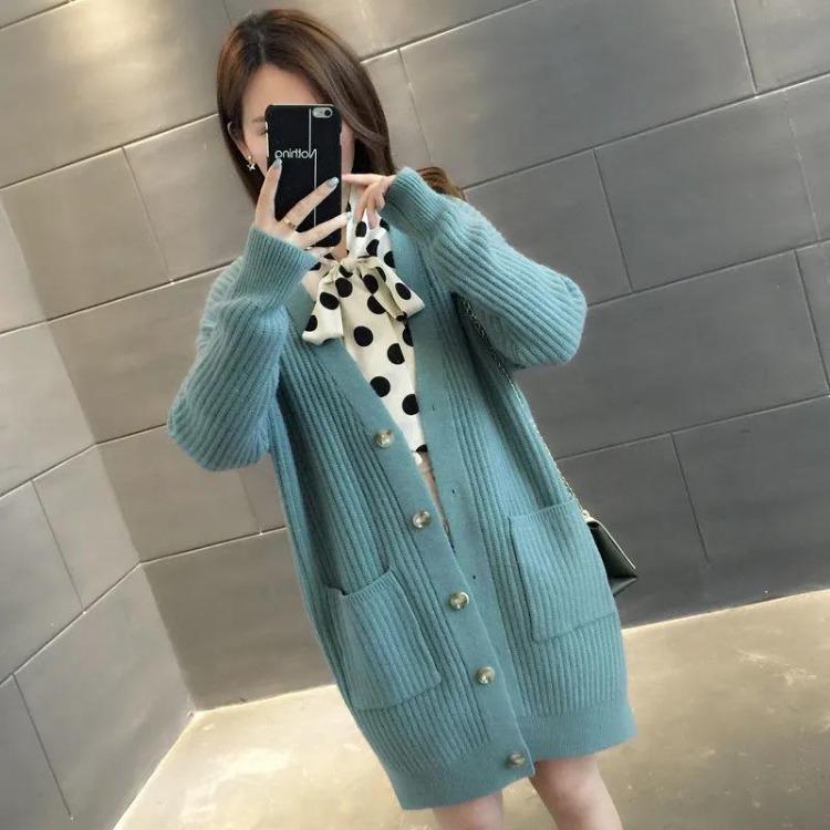 Korean Style Autumn Winter Sweater Coat for Women Loose Fit Mid Length Outdoor Knitted Cardigan
