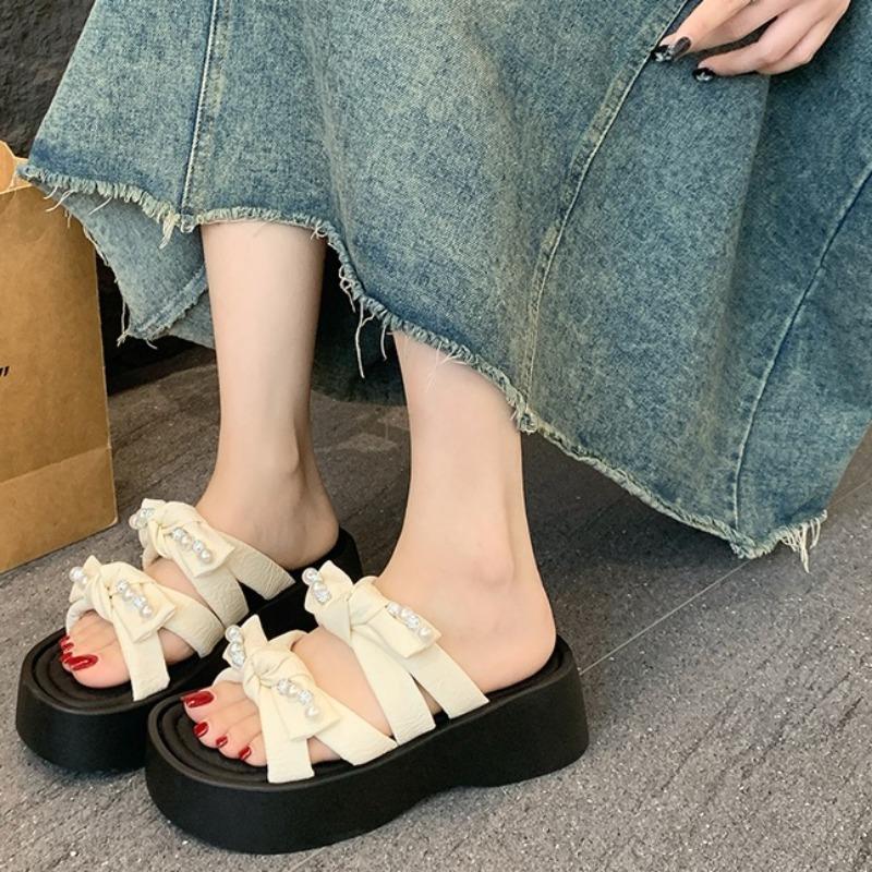 Fashion Summer New Rhinestone Bow Wedge Slippers Women's Fashion Round Toe Open Toe Platform Anti-Slip Wear-Resistant Flats