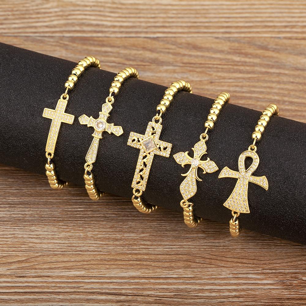 Nidin Light Luxury Trendy Pave Shiny Crystal Zircon Cross Charm Bracelets Adjustable For Women Female Religious Style Jewelry