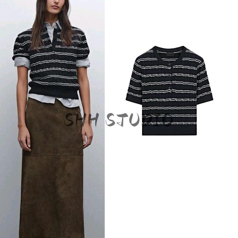 MD Spring New Women's Clothing Intellectual Intelligence Commute Style Stripes Short Sleeve Knitwear Tops 5719678