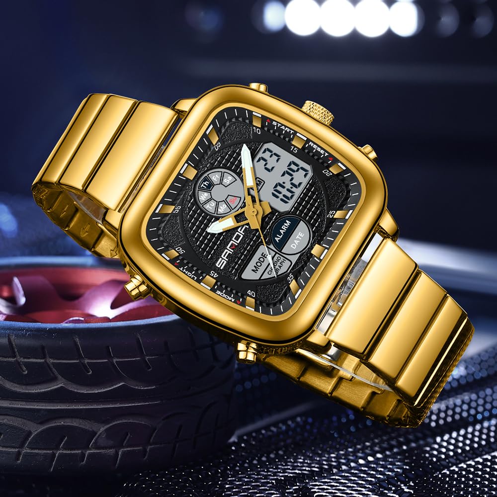 Men's Fashion Digital Square Watch Stainless Steel Multi Functional Stopwatch LED Backlight Date Waterproof Casual Men's Simulated Watch