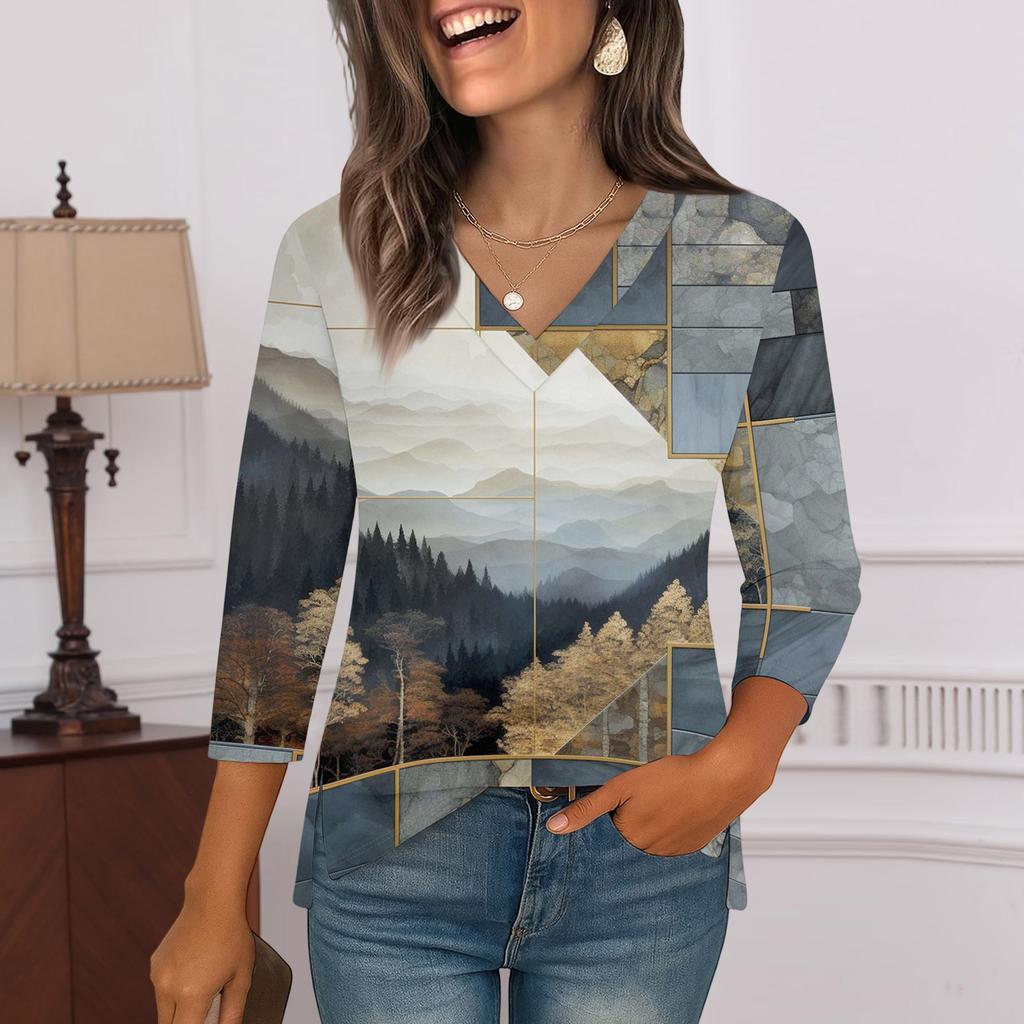 3/4 Ermskjorter For Kvinner Trykk Grafiske T-skjorter Bluser Casual Pluss Størrelse Basis Topper Pullover