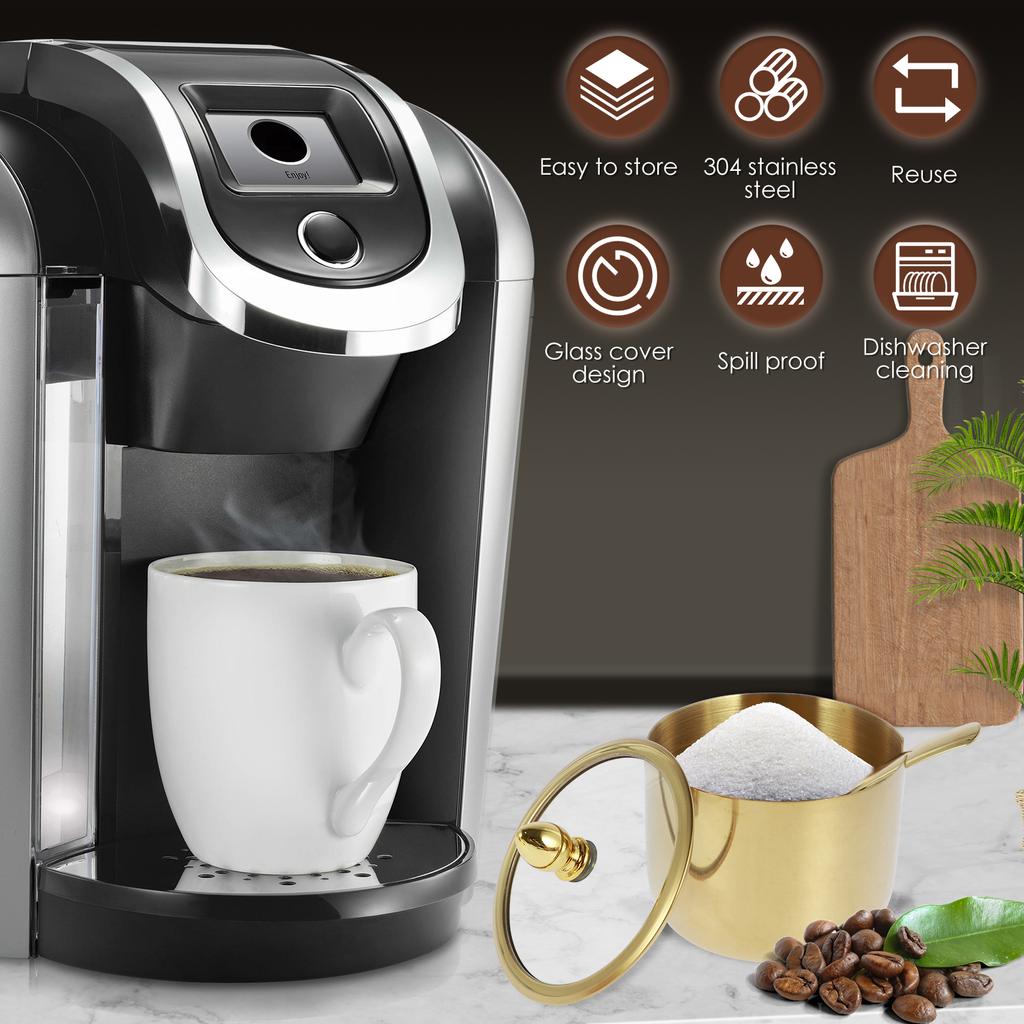 1/2Pcs Stainless Steel Sugar Bowl Set with Glass Lid and Spoon Rustproof Seasoning Box Round Condiment Pots Polished Shiny Sugar