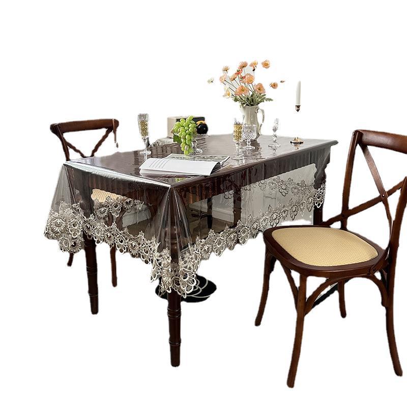 PVC Waterproof Transparent Dining Table Cover Oil-proof Heat-resistant Rectangle Table Cloth Lace Edge Coffee Table Tablecloth
