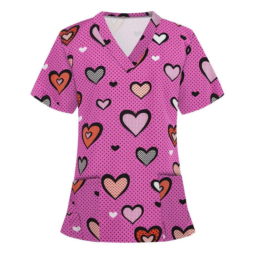 Medical Uniform V-Neck T-Shirts Working Hospital Halloween Short Sleeves Surgical Print Nurse Medical Scrub Print Tops Women Blo