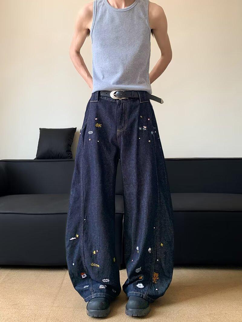 JYL Унисекс Джинсы Клеш Винтажная Вышивка Мультяшная Свободные Широкие Джинсовые Брюки XL амазонка