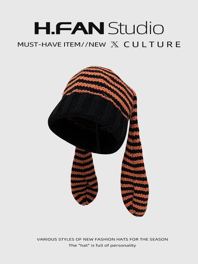 

Осенне-зимние шапки женские универсальные милые с кроличьими ушками полосатая вязаная шерстяная шапка зимняя теплая шапка для ушей One Size