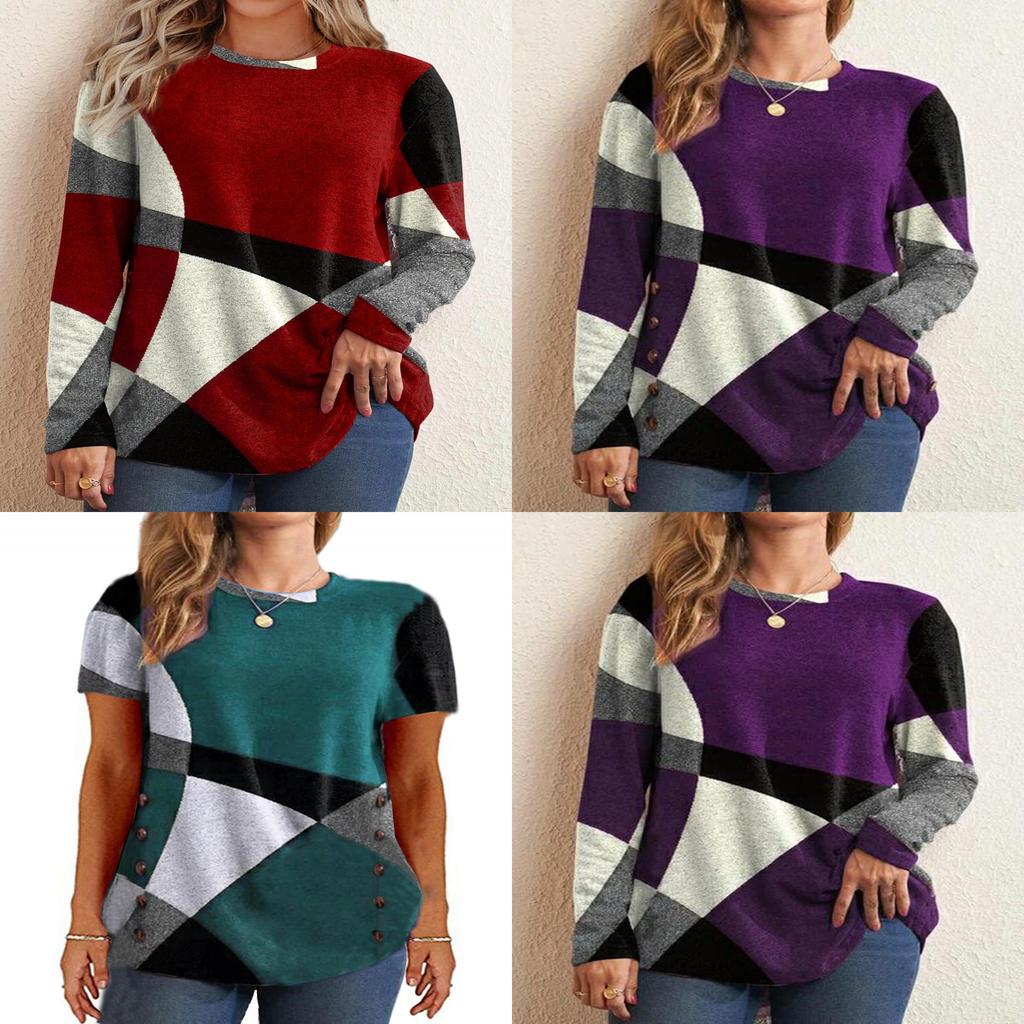 Springwish Geometric Colorblock Long Sleeve Tee For Casual Urban Women