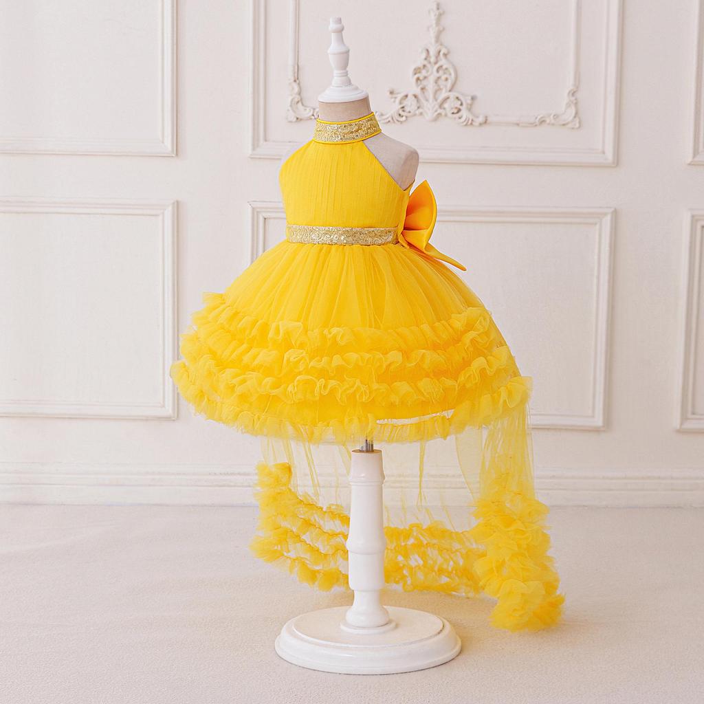 Abito da sera da principessa per bambina: Scollo all'americana, Strascico lungo, Abito a strati tipo torta con fiocco - Perfetto per damigelle o matrimoni