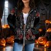 Women's Casual Long Sleeve Zip-Up Hooded Sweatshirt with Halloween Print