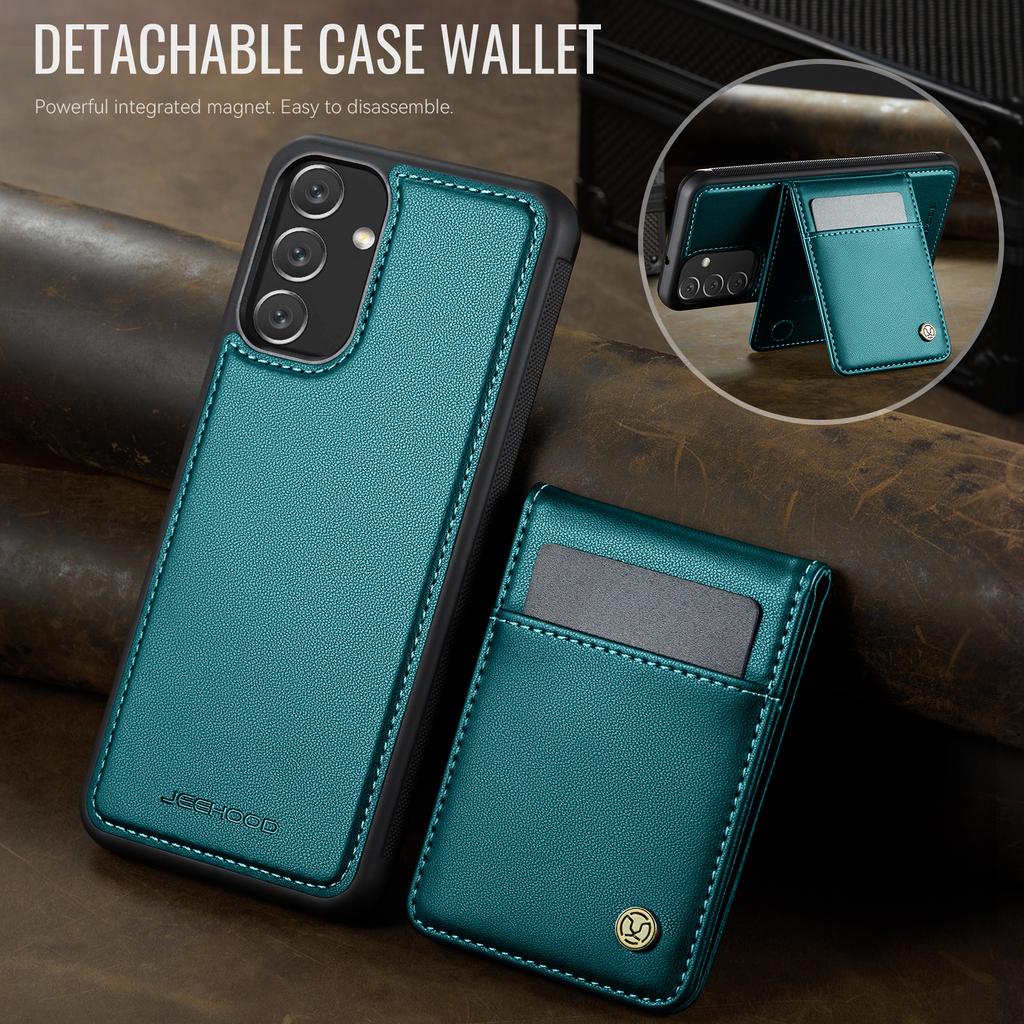 For Samsung Galaxy A14 4G/Galaxy M44 5G/Galaxy A14 5G Leather Back Cover Compatible with MagSafe JEEHOOD J06 Phone Case with Card Bag RFID Blocking