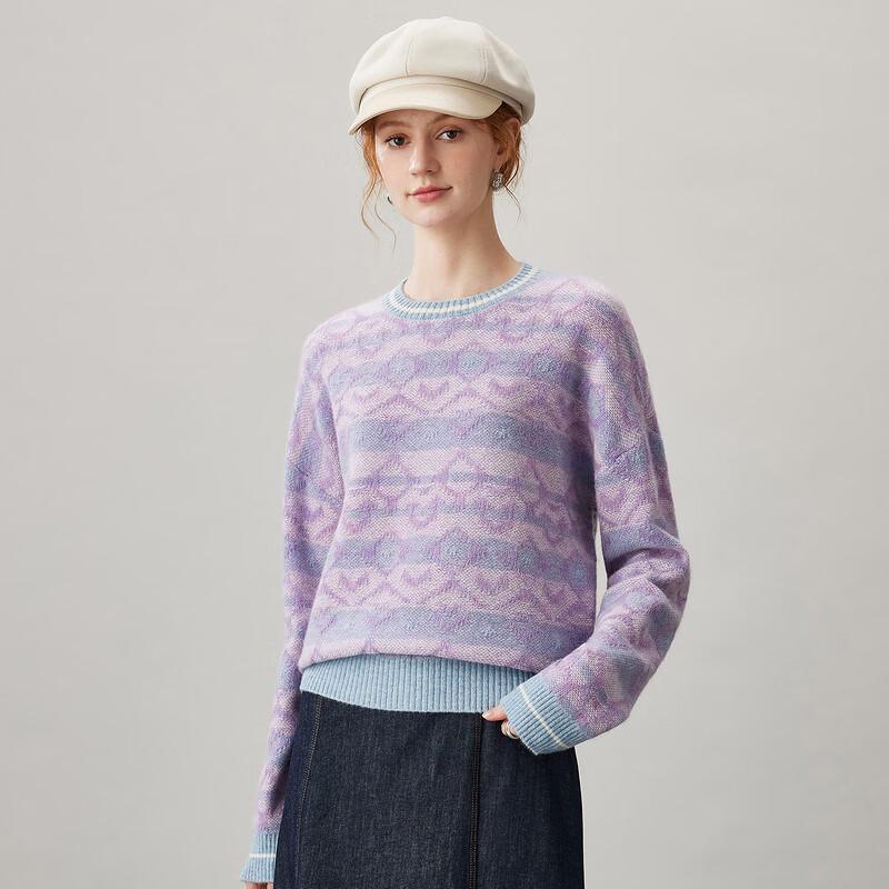 Komonboka Women's 100% Cashmere Crewneck Jacquard Knit Sweater
