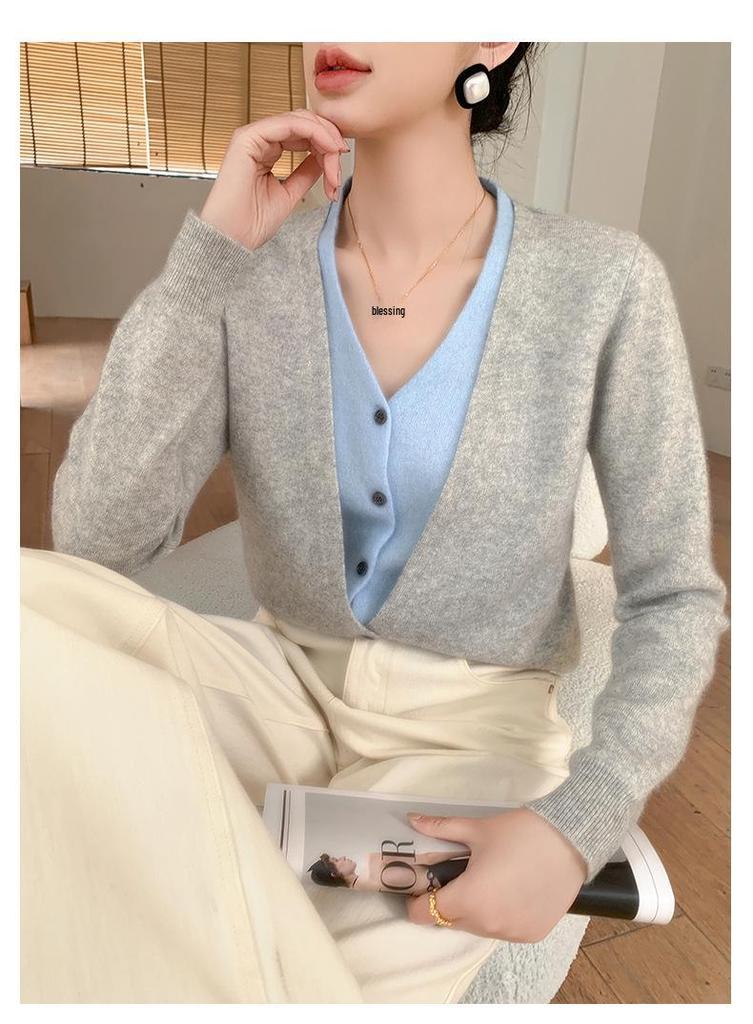 2025 V-neck Button-up Cashmere Knit Cardigan - Korean Style, Loose Fit, Slimming, Fake Two-piece Jacket for Women