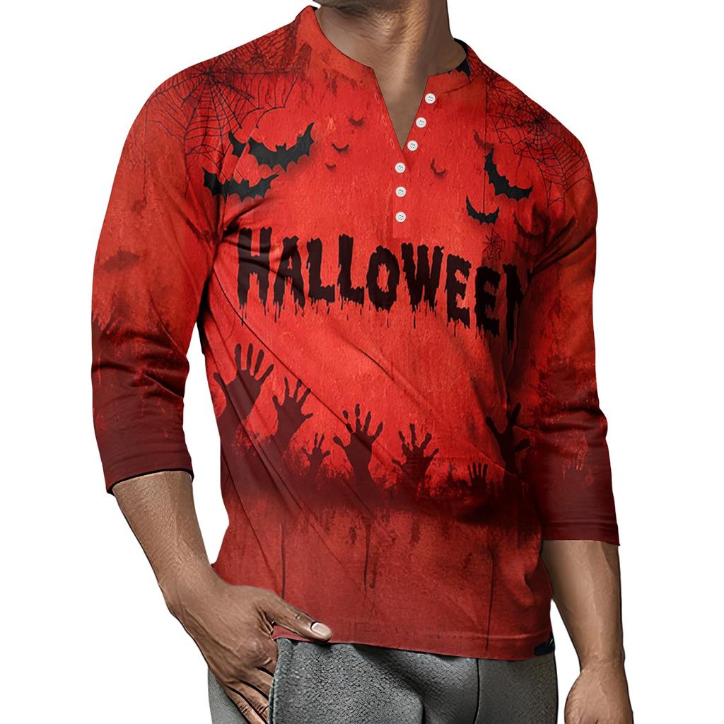 Men's Button-Down Contrast Raglan 3/4 Sleeve Top