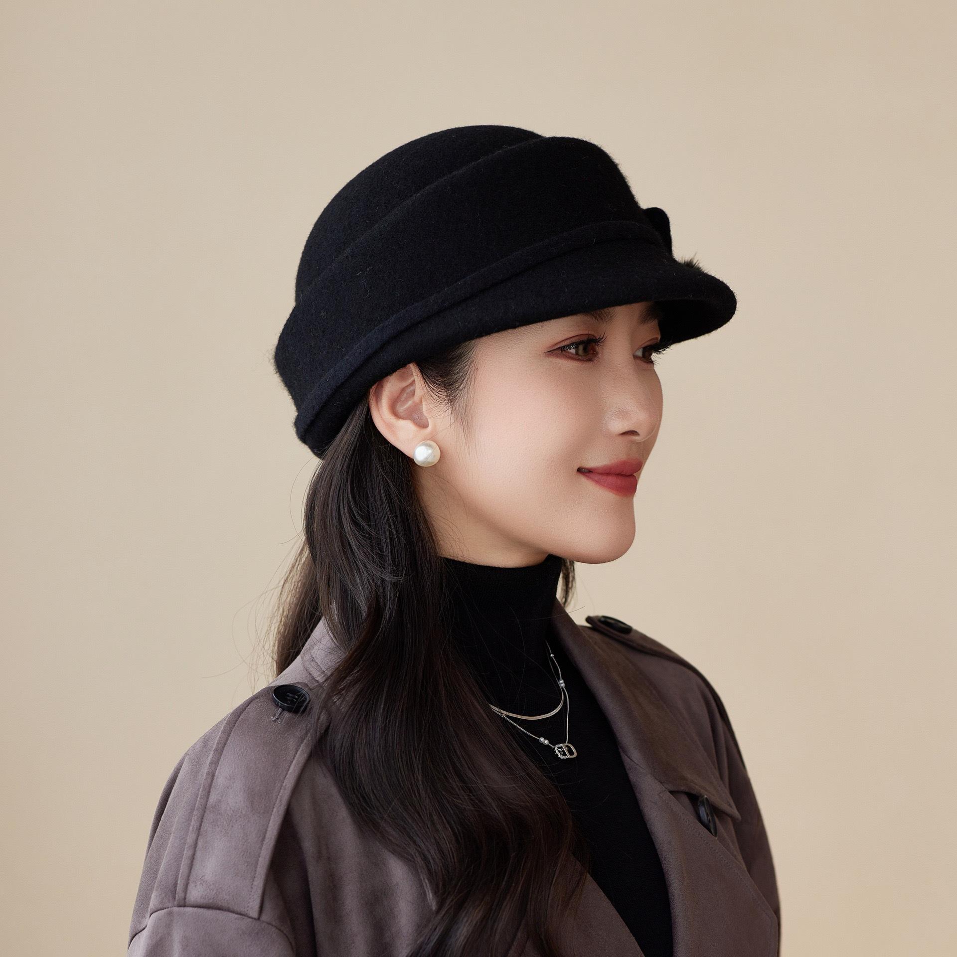 Сезонная Широкополая Ретро Темперамент Элегантная Верховая Езда Среднего и Пожилого Возраста Женская Шерстяная Теплая Кепка M（56-58cm） чёрный