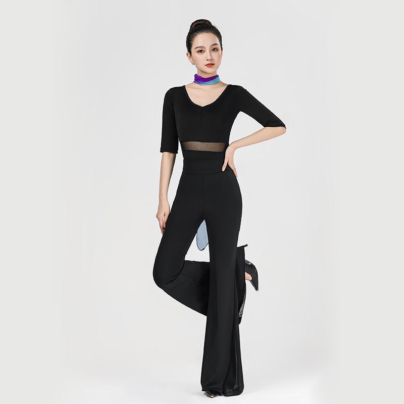 Women's V-Neck Short Sleeve Dance Outfit with Black Flared Pants