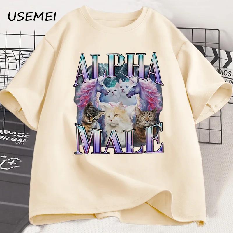 Alpha Male Unicorn Cat T-Shirt Men Ironic 90s Vintage Funny Rainbow Meme Tee Shirt Weird Cat T Shirt Casual Cotton Clothes