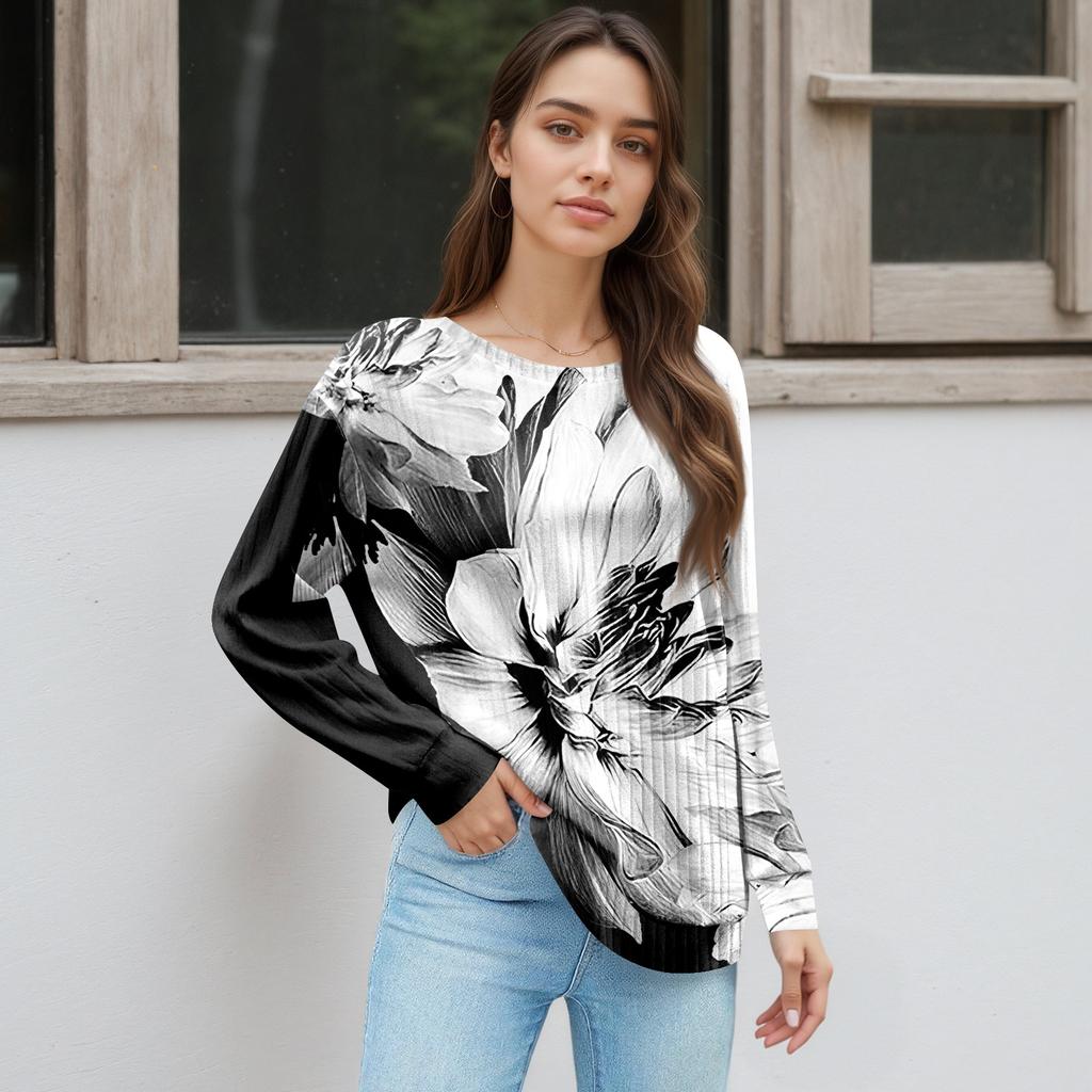 Women's Winter Color-Block Printed Lightweight Brushed-Cotton Round Neck Top