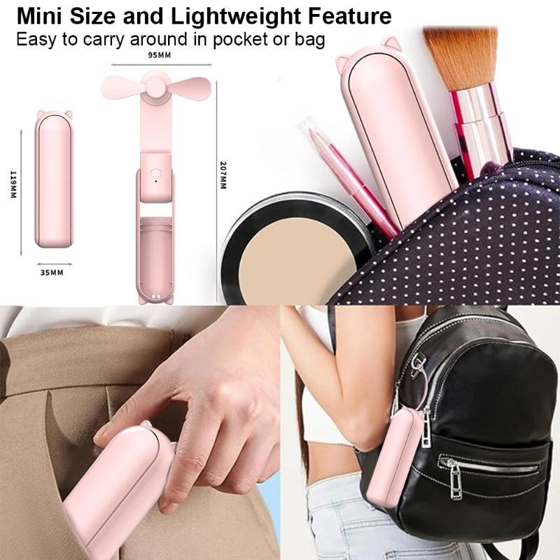 Cute Mini Handheld Fan USB Emergency Power Bank Desktop Office Silent Folding Fan Hand Held Fan with 2000mAh Power Bank 3 Gears