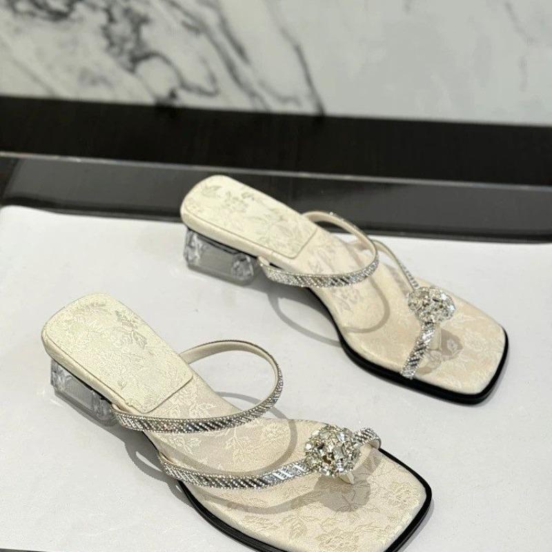Fashion 2025 Fashion Summer Women's Sandals Outdoor Crystal Open-toe Shoes Thick Heel Elegant and Comfortable Slippers Beach Flip-flops