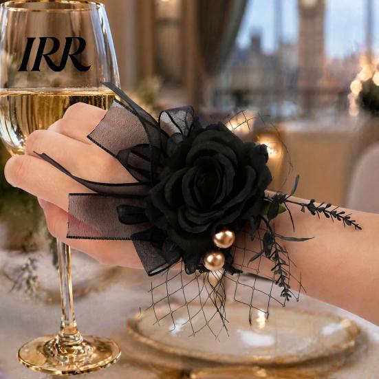 Realistic Floral Wrist Corsage Gothic Flower for Halloween Party, Black Wedding Corsage, Romantic Party Accessory Day of The Dead Prom, Bride, Groom,