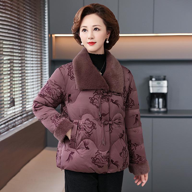 Plus Size Winter Down Coat for Mature Women - Elegant Chinese Style with Embroidery and Frog Buttons