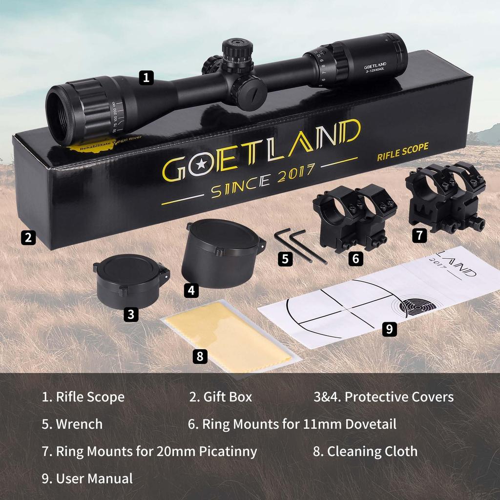 Goetland 3-12x40 AO Riflescope with Variable Magnification, Red, Green, and Blue Illuminated Reticle and Crosshairs, SFP Optical Sight for Airsoft,