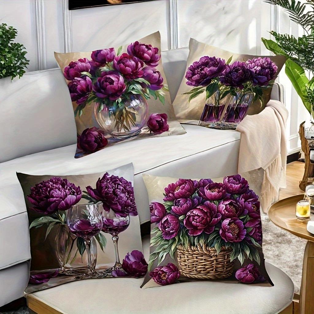 Luxurious Deep Purple Peony Pillowcase:Elegant Floral & Vase Pattern Cushion Cover For Sophisticated Sofa Living Room Home Decor