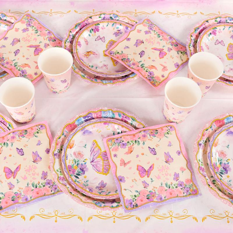 Pink Butterfly Disposable Tableware Set Paper Plates Cup Tablecloth Girls Butterfly Theme Birthday Party Decoration Supplies